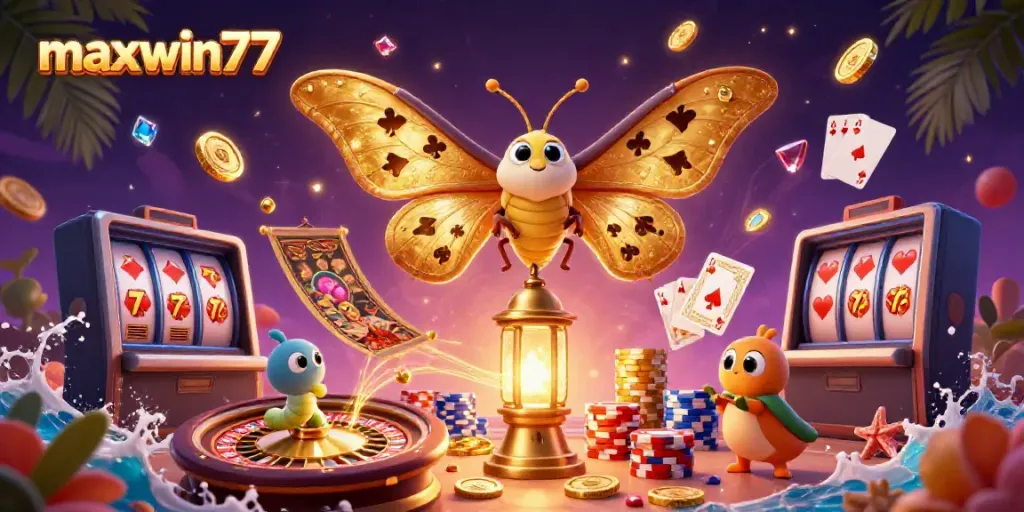 Experience the allure of maxwin77 with vibrant casino scenes illustrated in 3D, showcasing bold game elements.