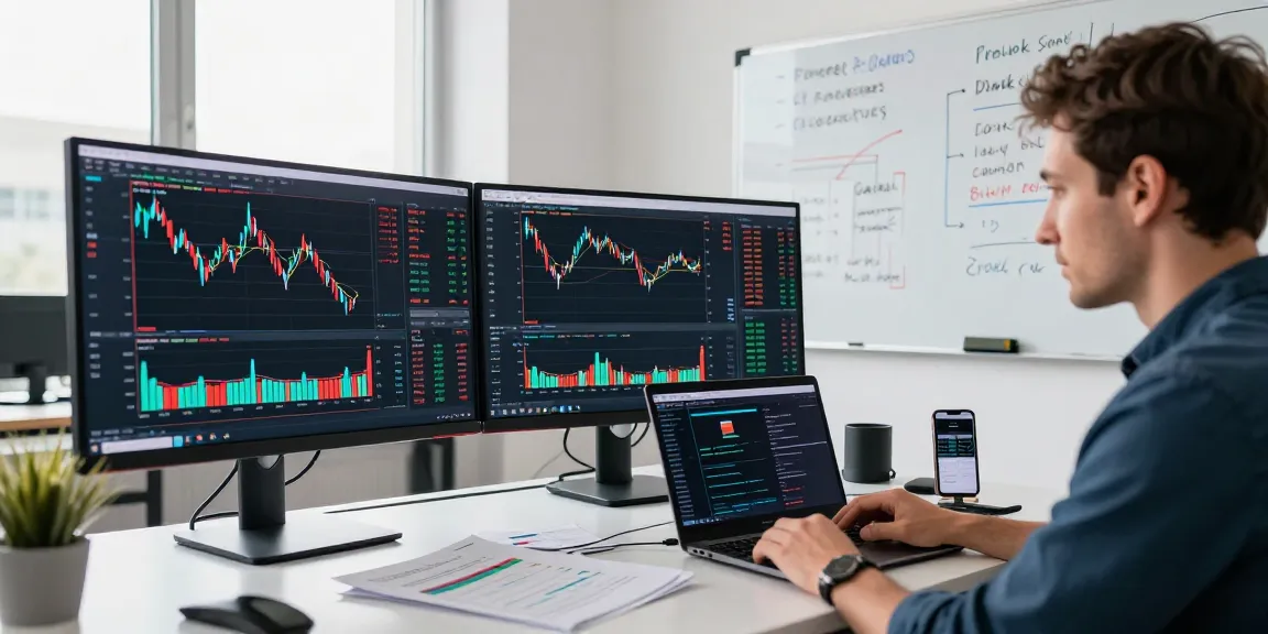 Dynamic trading environment featuring mt5 market analysis, automated trading tools, and dual monitors in a modern office.