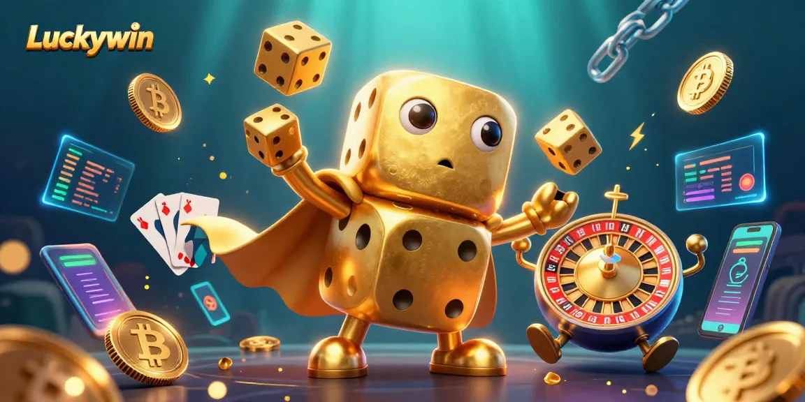 Engage with Luckywin's exciting dynamics featuring a golden dice golem and crypto elements.