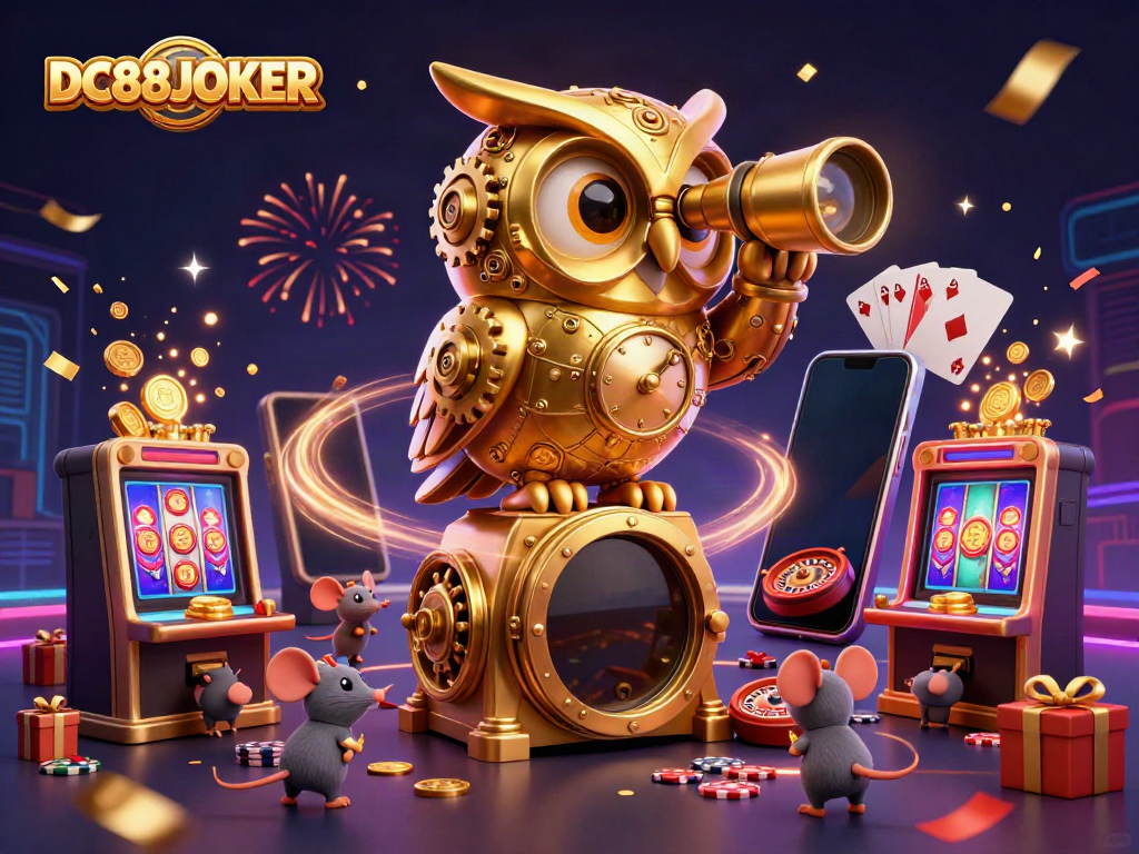 Engage with DC88JOKER as a massive clockwork owl oversees a vibrant casino scene filled with colorful slot games and excitement.
