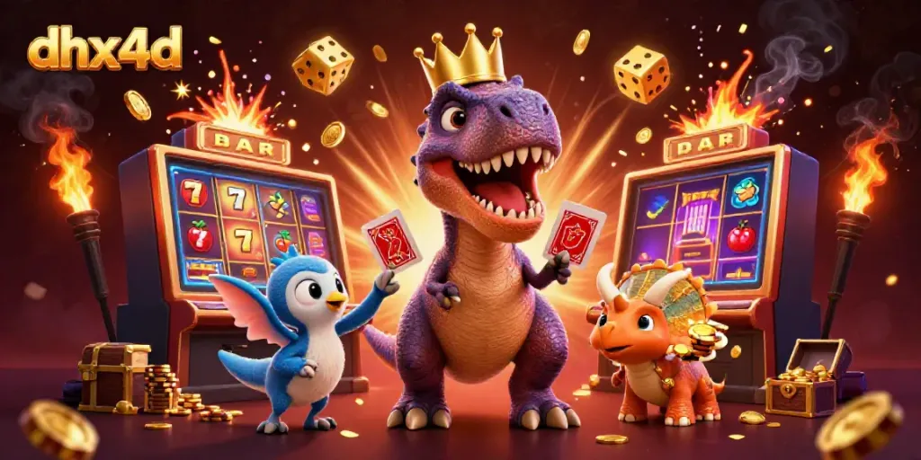 dhx4d menampilkan dinosaur 3D yang ramah bermain kartu dan tumpukan chip emas, dengan slot mesin jackpot di latar belakang.