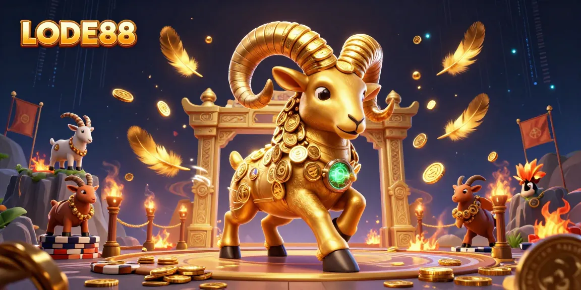 Experience LODE88 with a dynamic 3D illustration featuring a golden ram and casino elements.