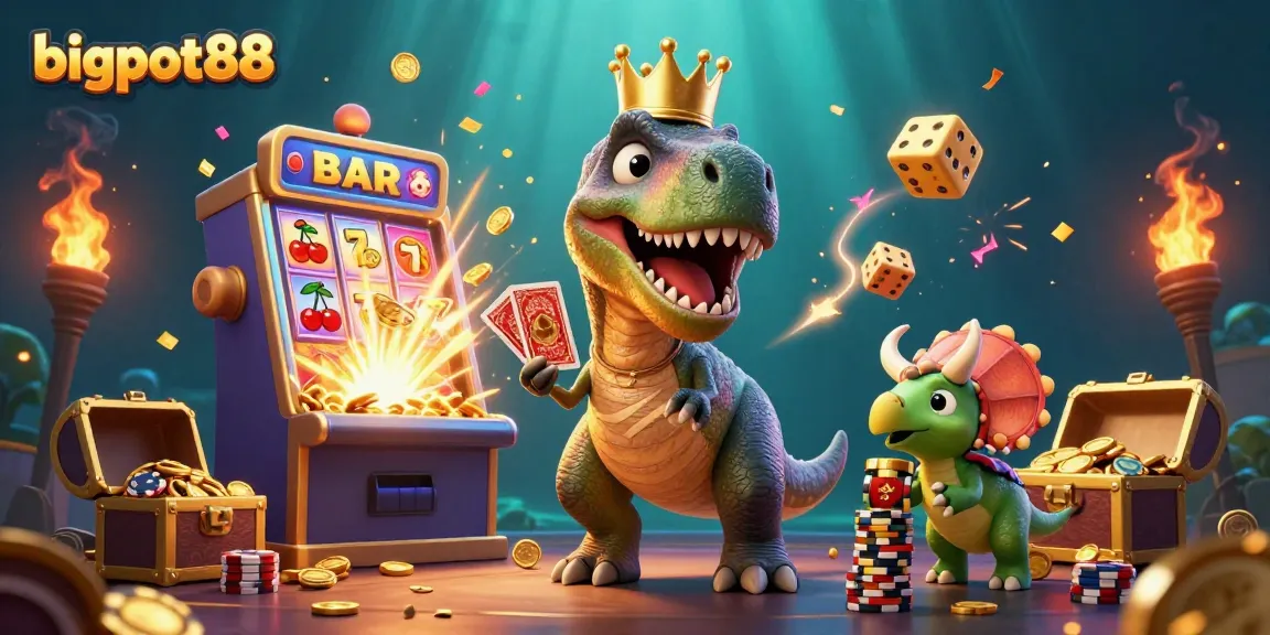 Experience bigpot88's vibrant casino atmosphere with T-Rex and friends stacked with chips.