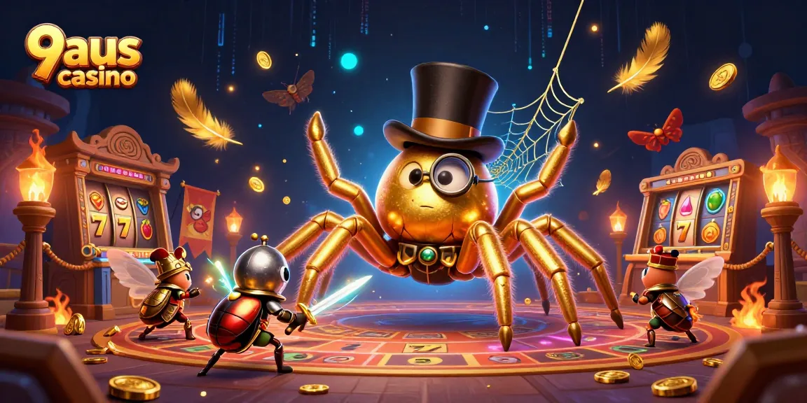 Engage with 9aus casino through an elaborate scene featuring a golden tarantula and beetle knight in a dynamic gaming environment.