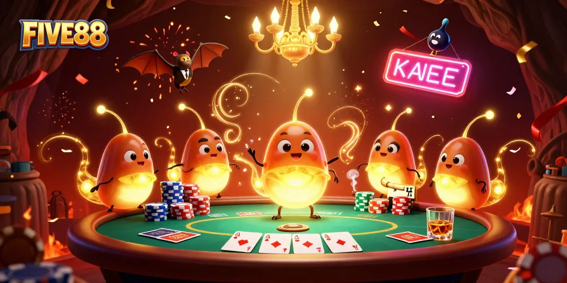 Join the FIVE88 action at a vibrant casino setting with glowworms illuminating the thrilling poker scene.