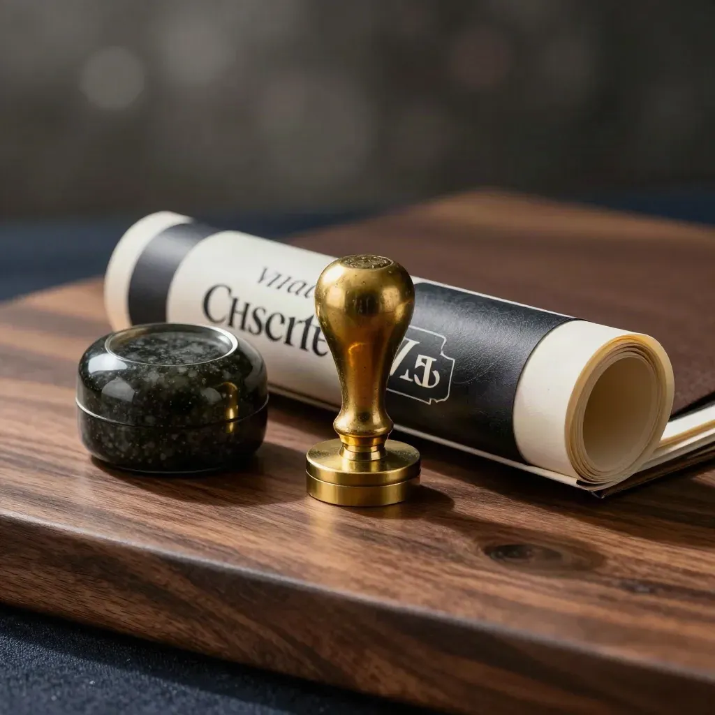 Brass seal stamp, rolled banner tube, and stone paperweight on a dark walnut surface
