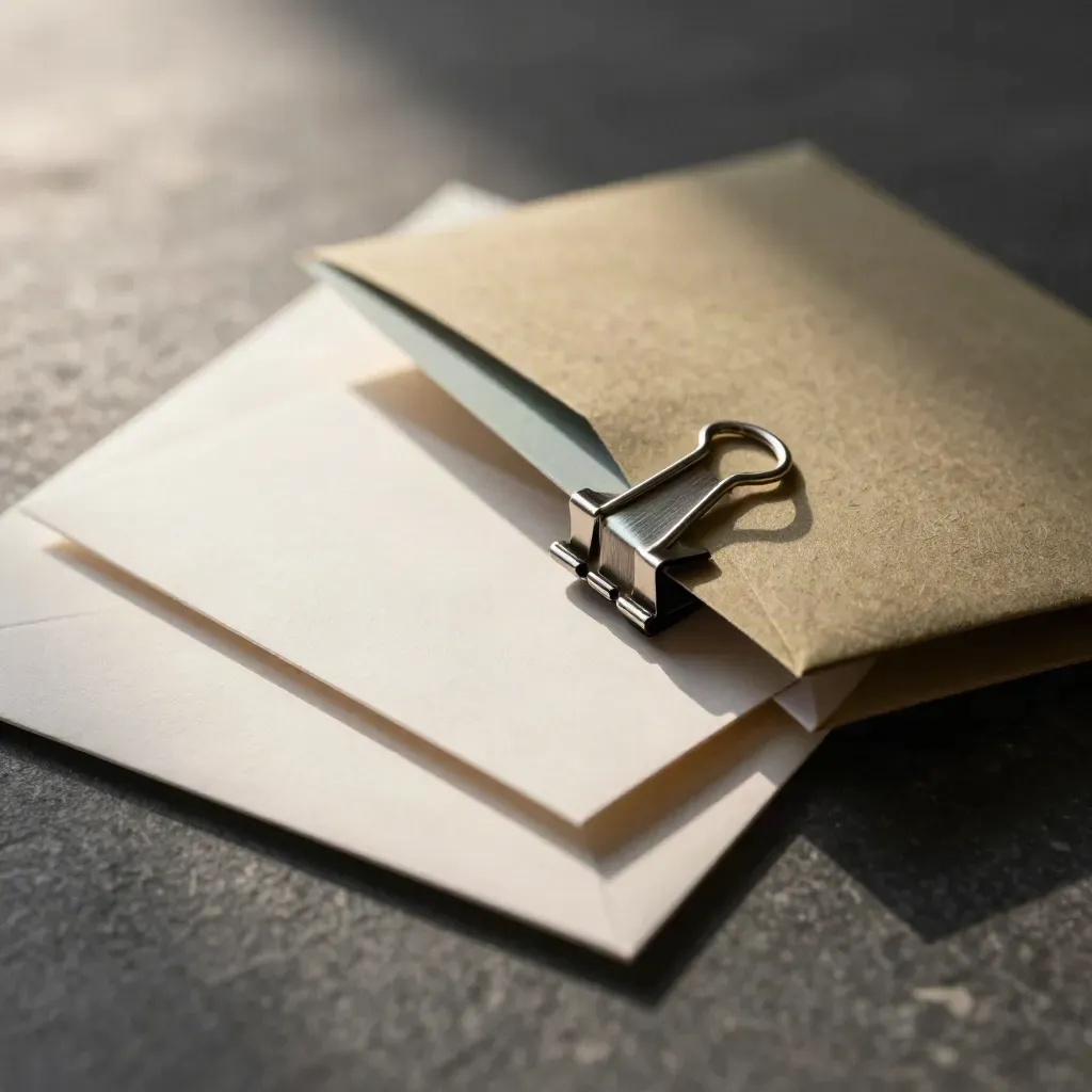 Macro still life of a clipped partner lead packet with frosted card sleeves and a folded envelope.