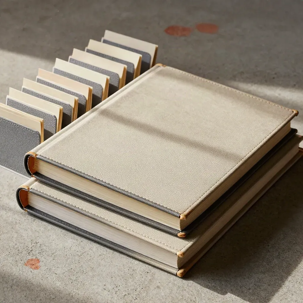 Overhead binders, archive box, and tabbed dividers on concrete with drifting dust and skimming light.