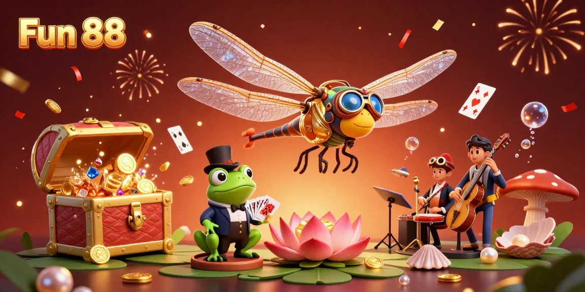 Experience the excitement at Fun 88 with a lively casino scene featuring a dragonfly pilot, frog dealer, and musical crickets.
