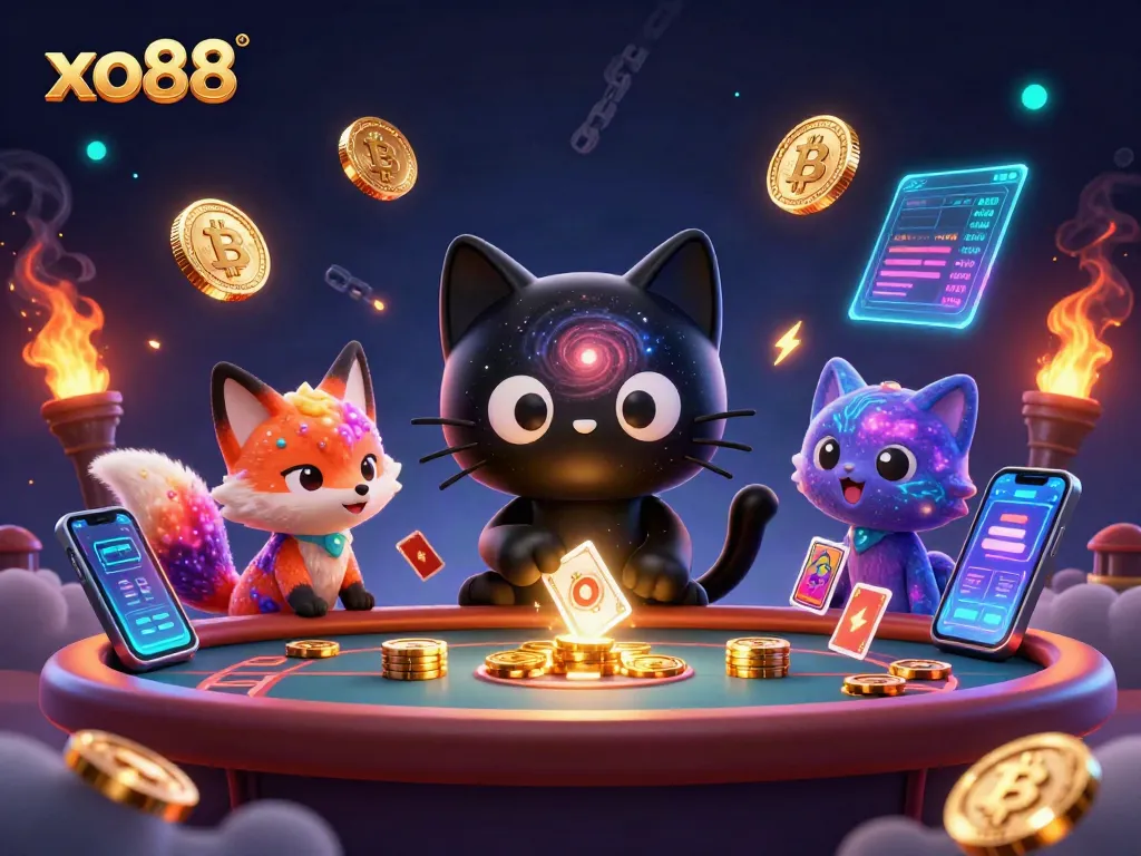 Experience the thrill of xo88 with a cosmic casino cat pulling in golden chips amidst vibrant game elements.