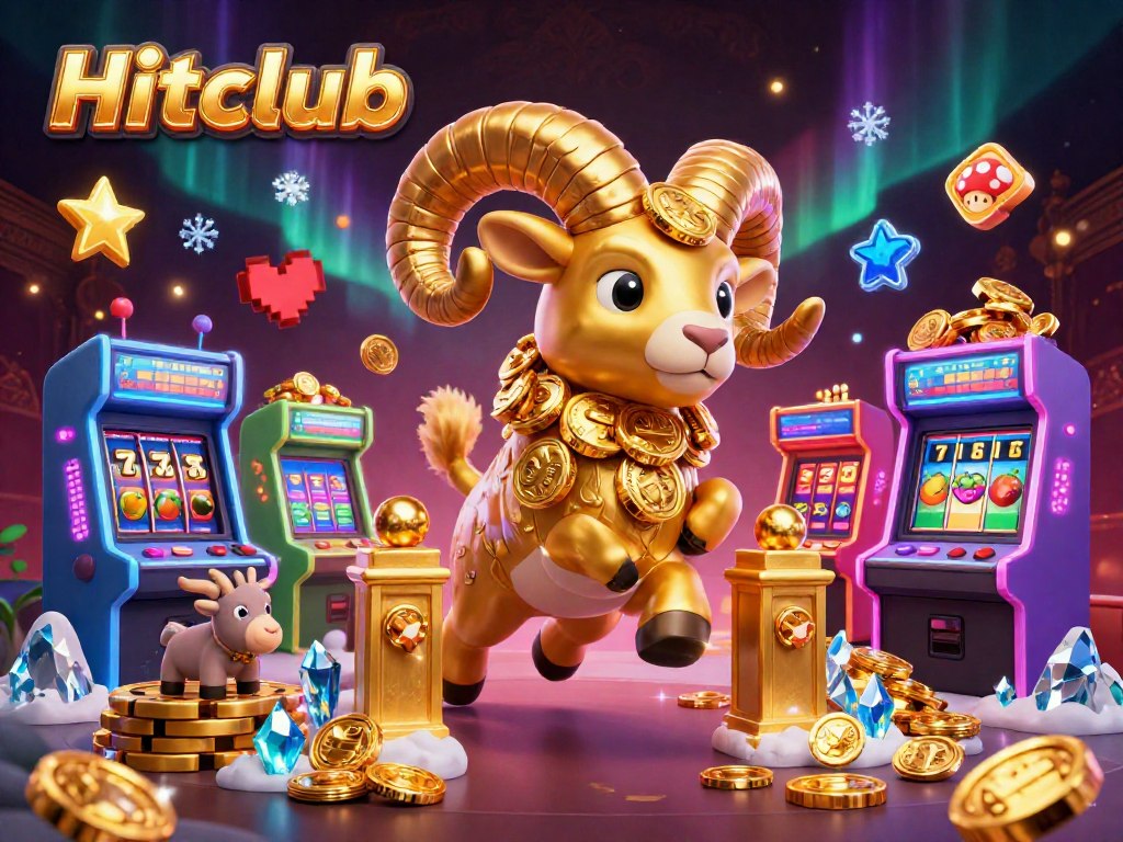 Hitclub showcases a vibrant 3D scene of a golden ram charging at a jackpot gate amidst casino elements.