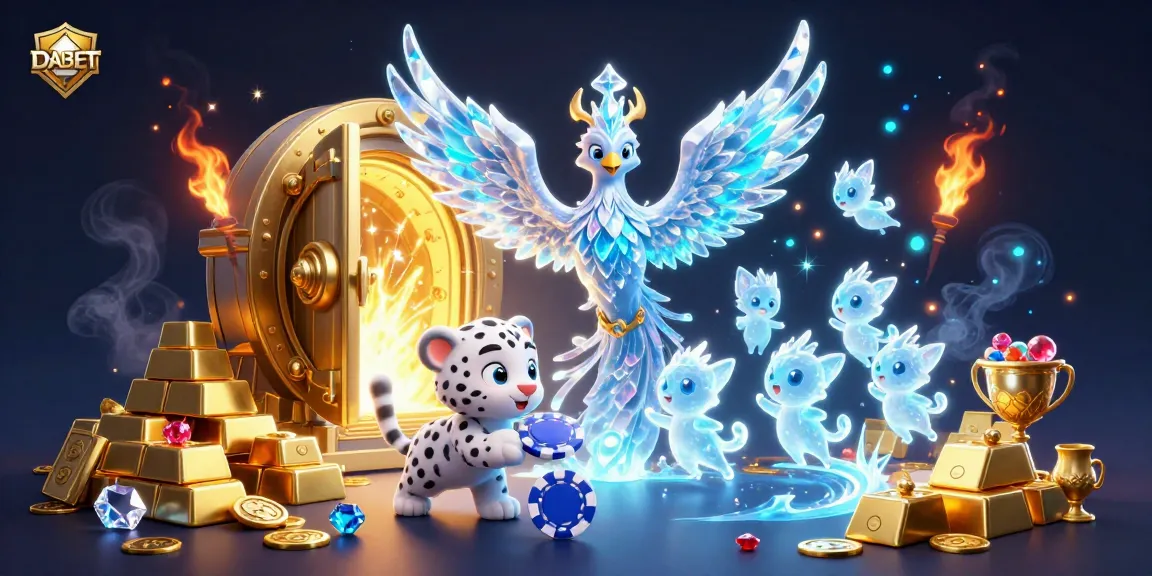 DABET captures the thrill of casino gaming with an ice phoenix, snow leopard cub, and glowing sprites amidst gold treasures.