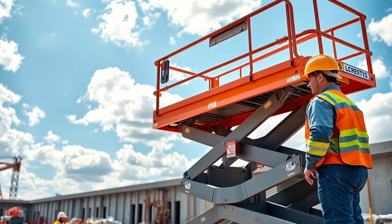 Scissor lift in action on a construction site highlighting safety features and operational setup.