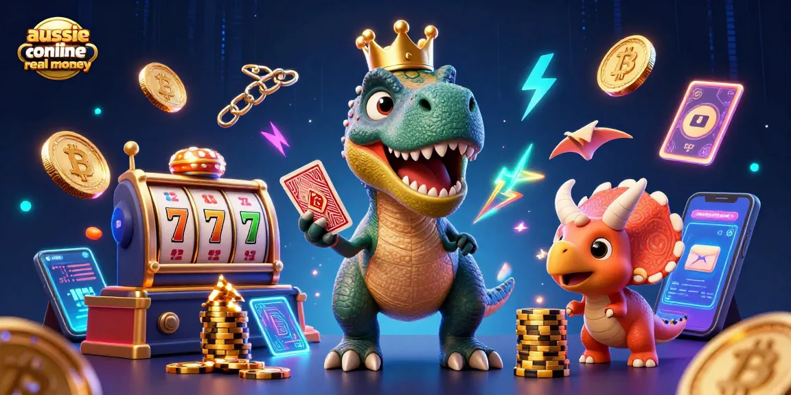 Experience aussie online casinos real money with a playful scene depicting a T-Rex shuffling cards amidst colorful casino elements.