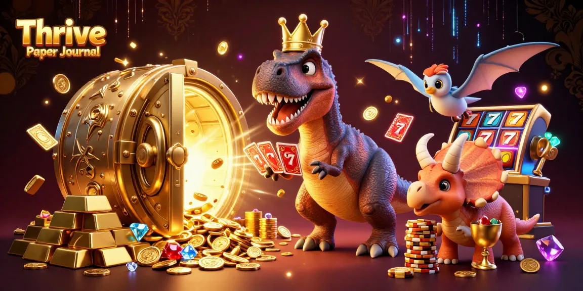 Engage with the Thrive Paper Journal in a bustling casino, where a T-Rex shuffles cards amidst a wealth of treasures.