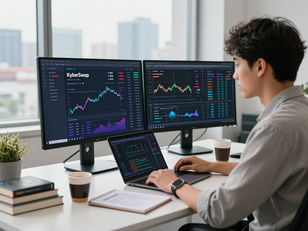 Trader using KyberSwap on dual-screen workstation, showcasing decentralized finance in a modern office setting.