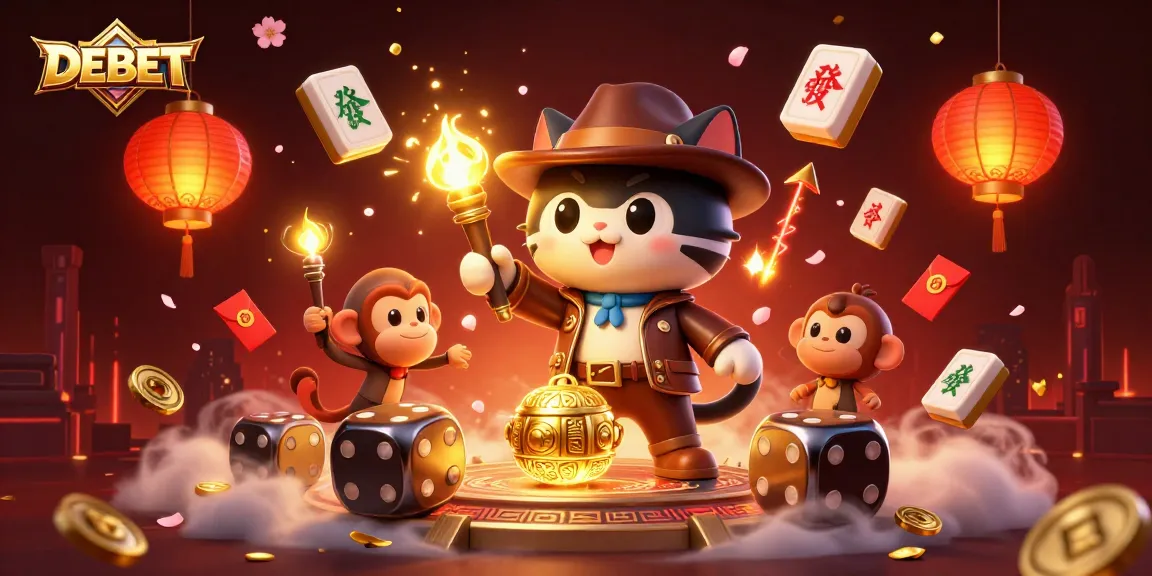 Engage with DEBET in a vibrant 3D casino world where an explorer cat discovers treasures.