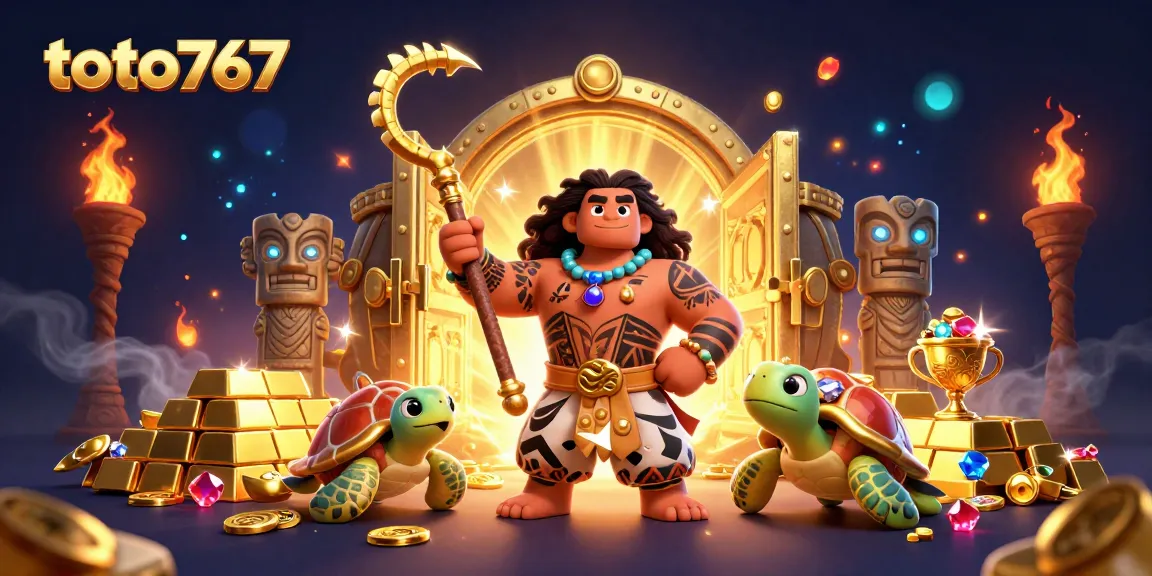 Toto767 menghadirkan ilustrasi keajaiban kasino dengan dewa Maui, penyu lucu, dan harta berkilau.