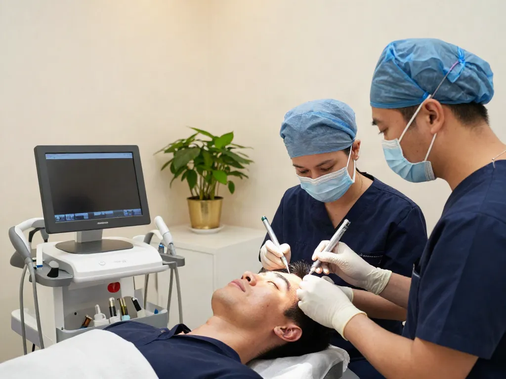 Hair Transplant Malaysia clinic showcasing FUE procedure with professional staff and patient.