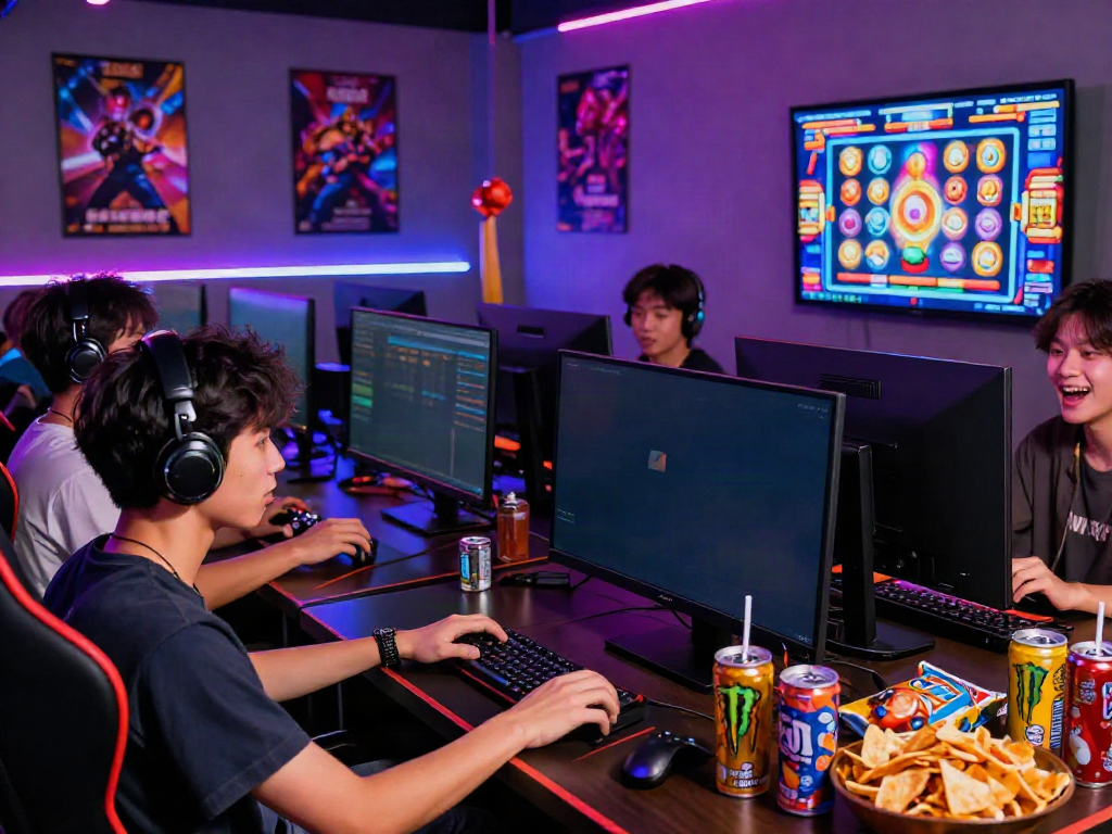 Engaging group playing สล็อตเว็บตรง games in a vibrant gaming lounge.