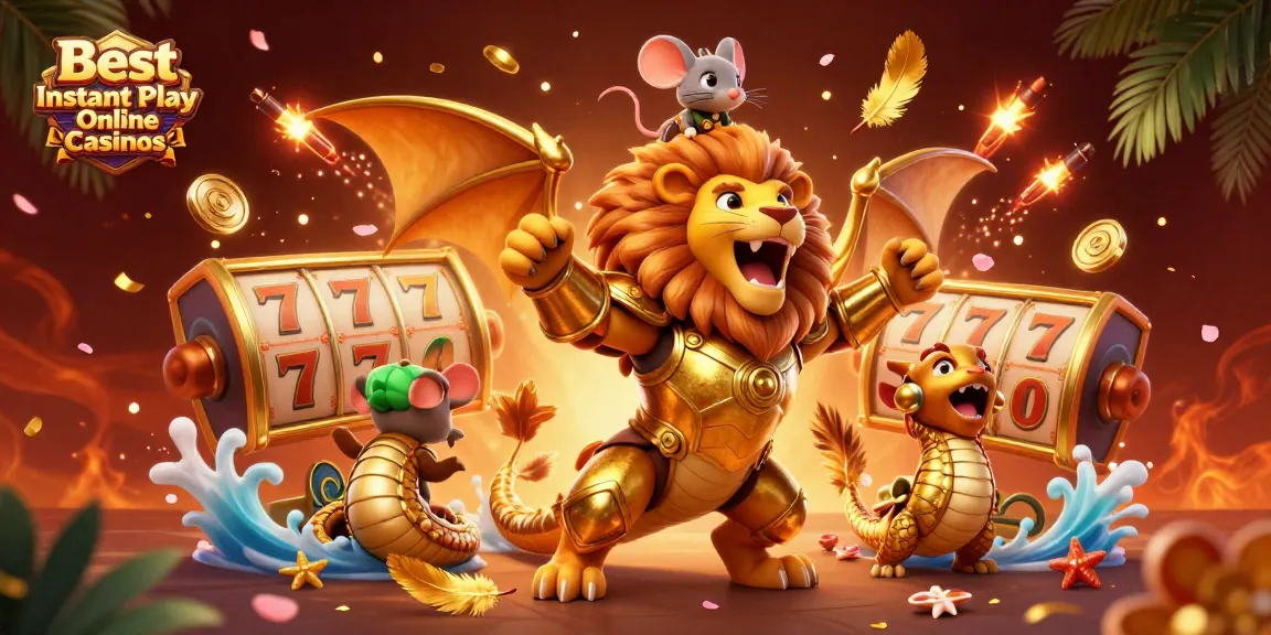 Engage with the Best Instant Play Online Casinos through a dynamic 3D gambling illustration featuring a chimera and gaming elements.