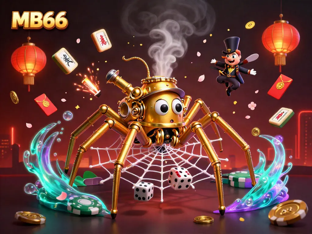 Engaging MB66 casino scene with a golden spider amidst poker chips and vibrant decorations.