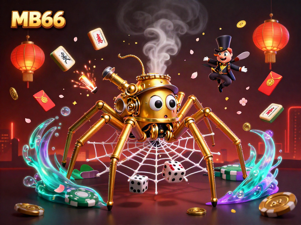 Engaging MB66 casino scene with a golden spider amidst poker chips and vibrant decorations.
