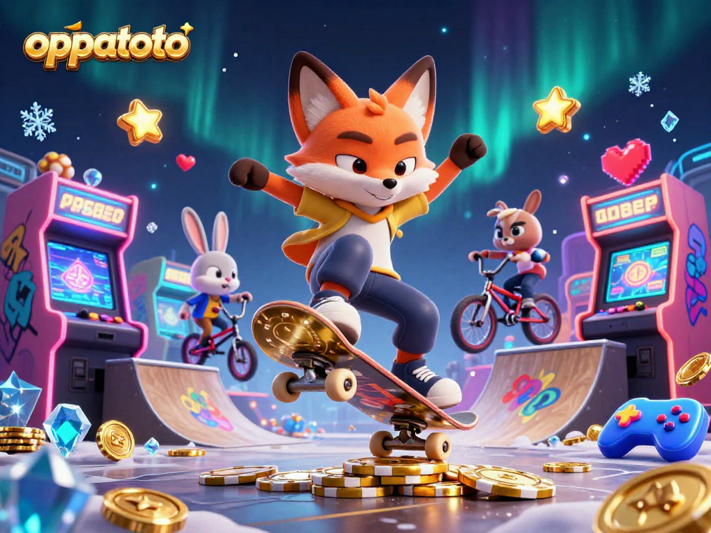 oppatoto showcases a vibrant scene with a skateboarder fox and BMX rabbit in a casino-themed illustration.