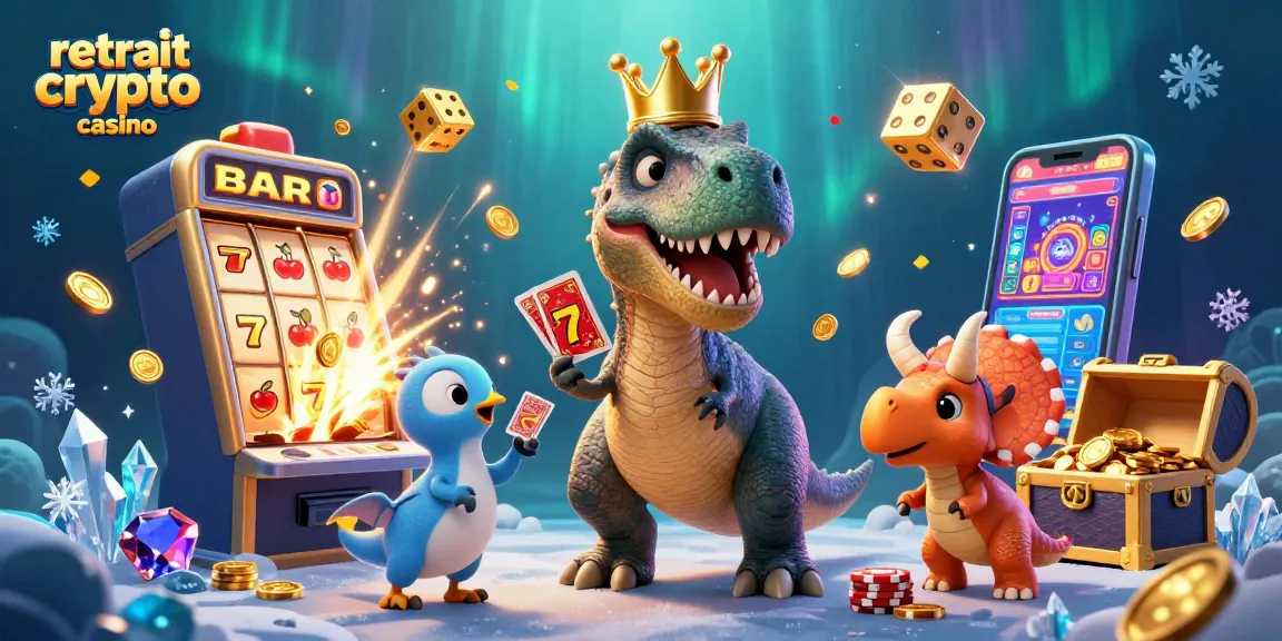 Retrait crypto casino avec un T-Rex et un pterodactyle dans une ambiance ludique de jackpots.