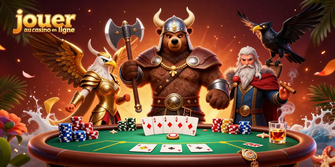 Jouer au casino en ligne avec des personnages animés et des éléments de poker dynamiques dans une scène colorée.