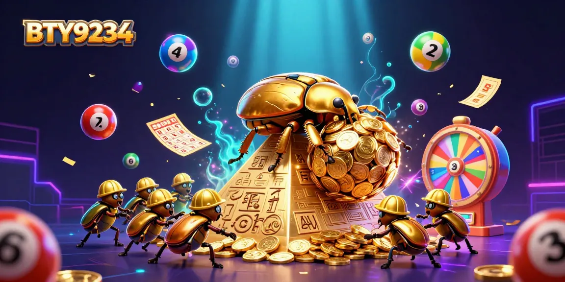 Engage with BTY9234 as golden beetles roll jackpot coins amidst dynamic lottery and casino elements.