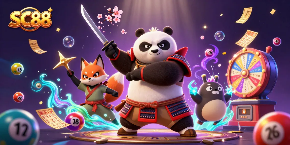 Experience SC88's exciting gaming world with a captivating illustration of unique casino elements and characters.
