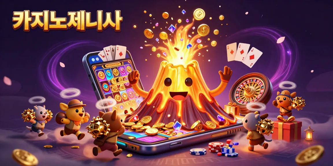 카지노사이트에서 보물이 쏟아지는 금화 분출 화산과 귀여운 탐험 동물들이 등장하는 일러스트