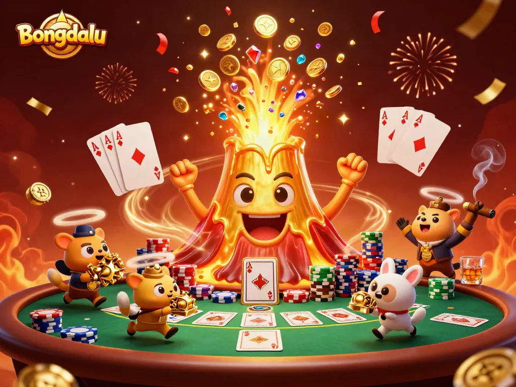 Bongdalu showcases a vibrant scene with a golden volcano erupting coins, animated animals, and poker elements.