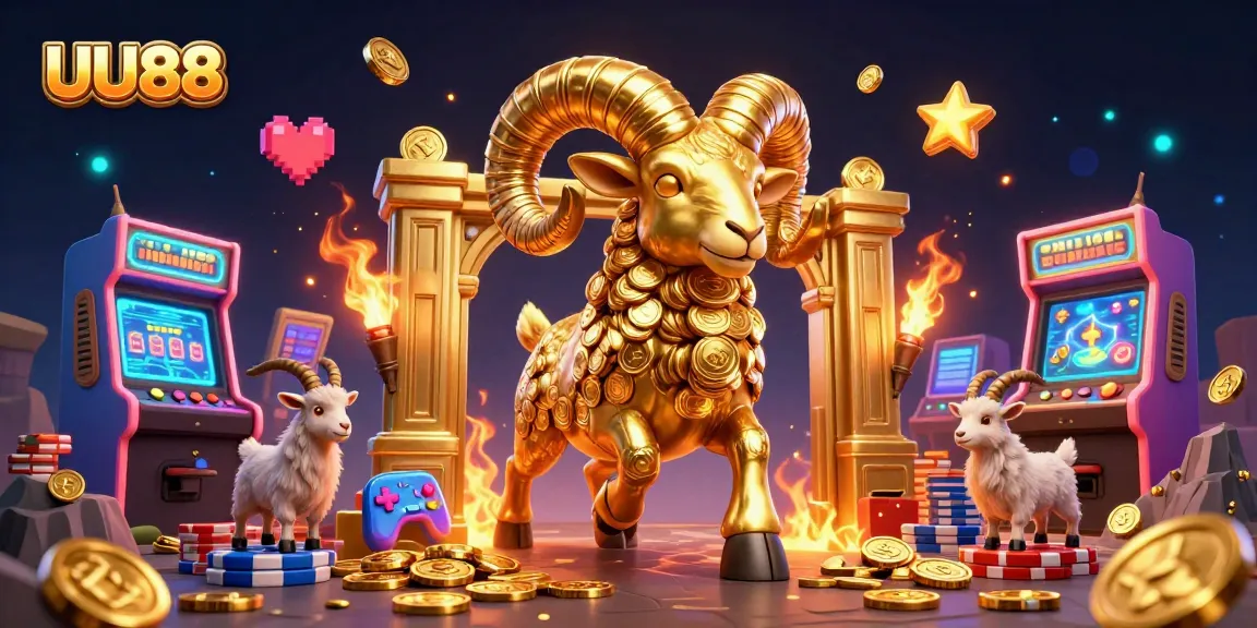 UU88 casino-themed dynamic illustration featuring a golden ram charging at a gate amidst colorful gaming elements.