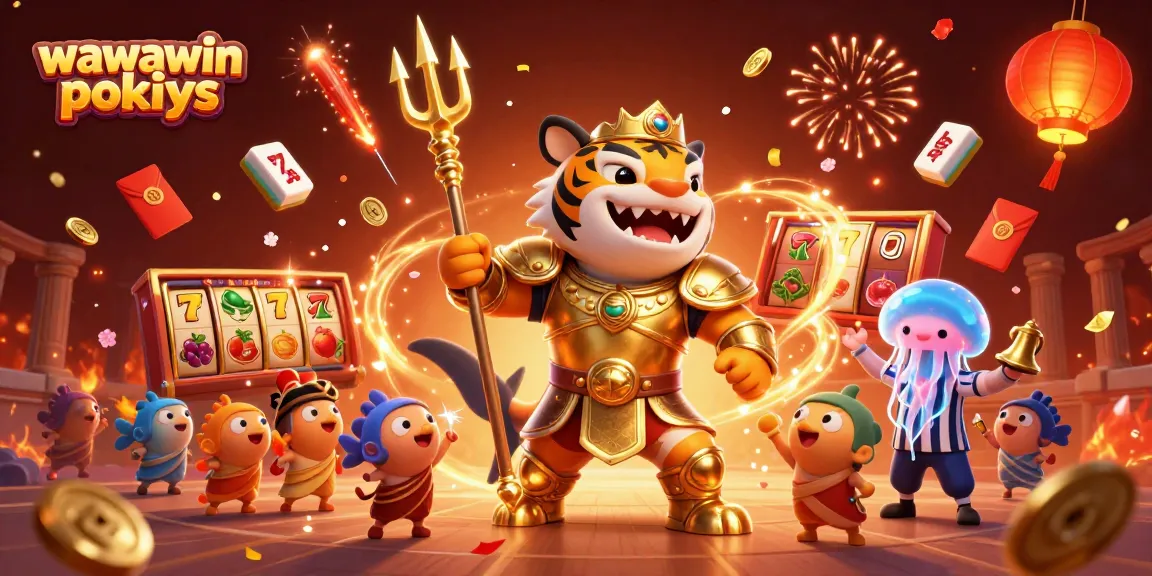 Experience thrilling wawawin pokies with vibrant characters and dynamic slot elements in a spectacular casino scene.