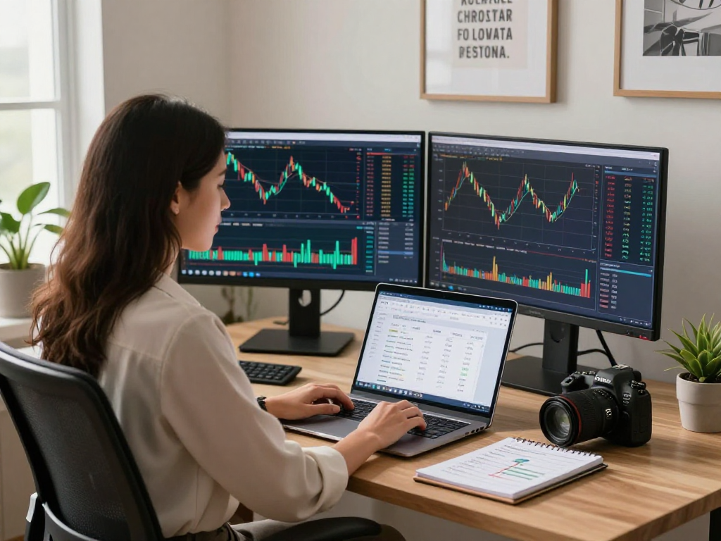 Businesswoman analyzing cryptocurrency data on XPAY33 official site in a modern home office.