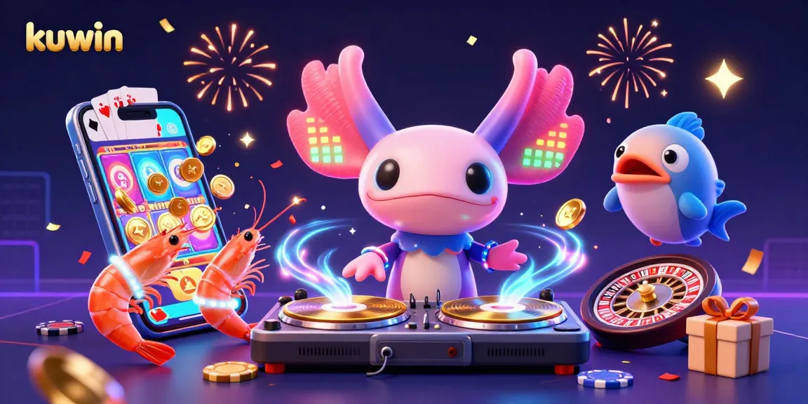 Kuwin showcases vibrant gameplay action with a neon axolotl DJ and casino elements, inviting players to win.