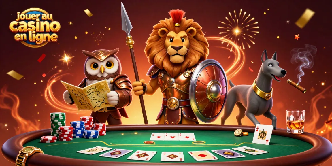 Jouer au casino en ligne avec stratégies, lion en armure, hibou et lévrier entourés de jetons et cartes.