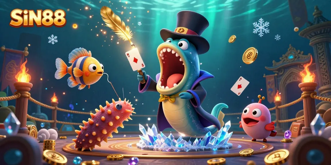 SIN88's magical underwater casino scene with vibrant characters performing thrilling card tricks.