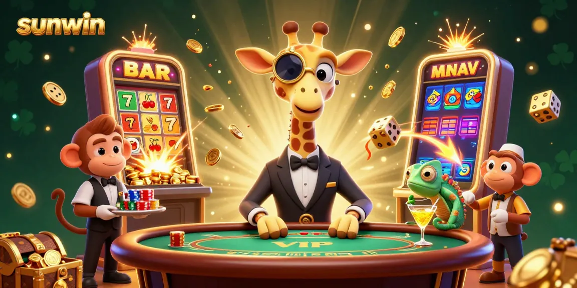 Win big at sunwin with a vibrant 3D casino scene featuring a high-roller giraffe and exciting slot action.