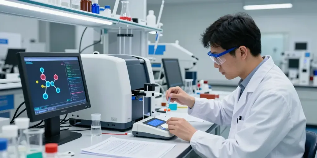 Scientist at SwissChems lab measuring peptides with advanced equipment