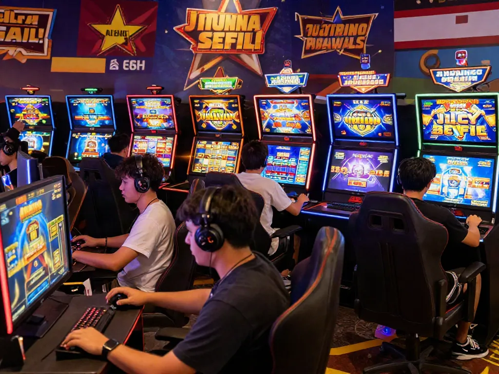 Players excitedly engaging with slot maxwin games, vibrant gaming atmosphere.
