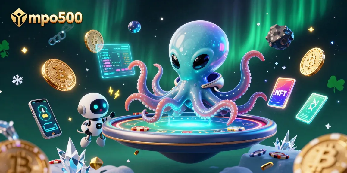 Join the fun at mpo500 with a vibrant poker scene featuring an alien octopus and crypto coins.