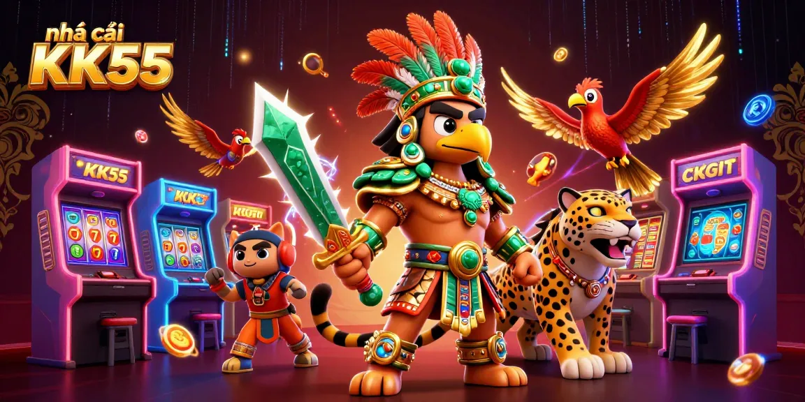 Play games at nhà cái KK55 with an Aztec warrior and vibrant slot machines in a dynamic gaming scene.