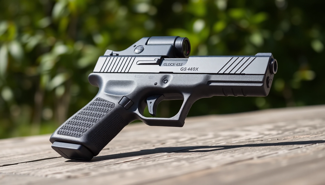 Showcase of Glock 43X MOS pistol demonstrating its features and accessories in an outdoor setting.