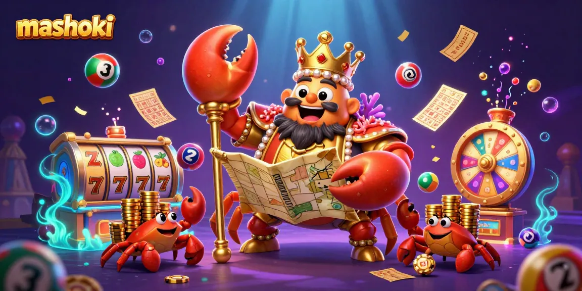 Experience thrilling gameplay with mashoki-themed 3D illustration featuring a golden crab emperor and dynamic casino elements.