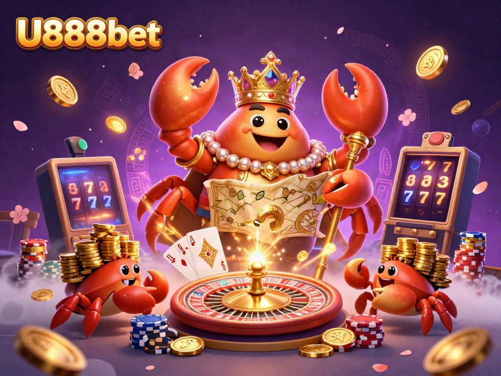 Experience exciting gameplay with U888bet, featuring a golden crab emperor and vibrant casino elements.