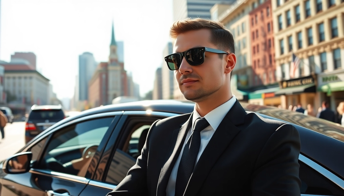 Experience chauffeur service Rhode Island with a luxury vehicle in a vibrant city setting.