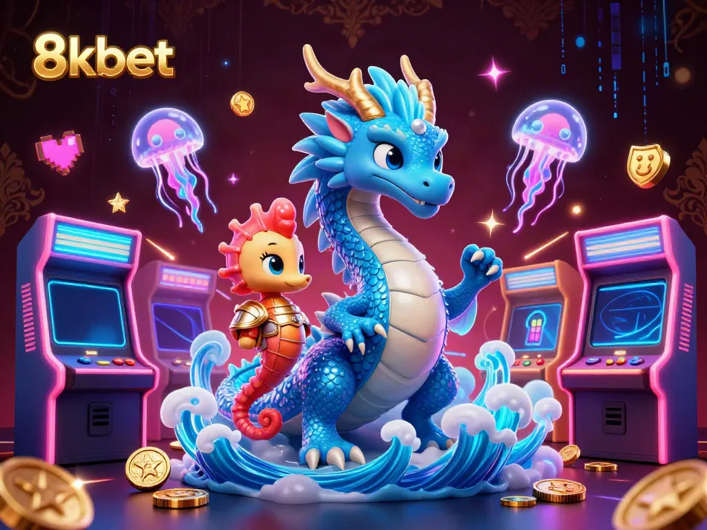 Experience 8kbet's exciting gaming atmosphere with a captivating azure dragon, seahorse knight, and vibrant casino elements.
